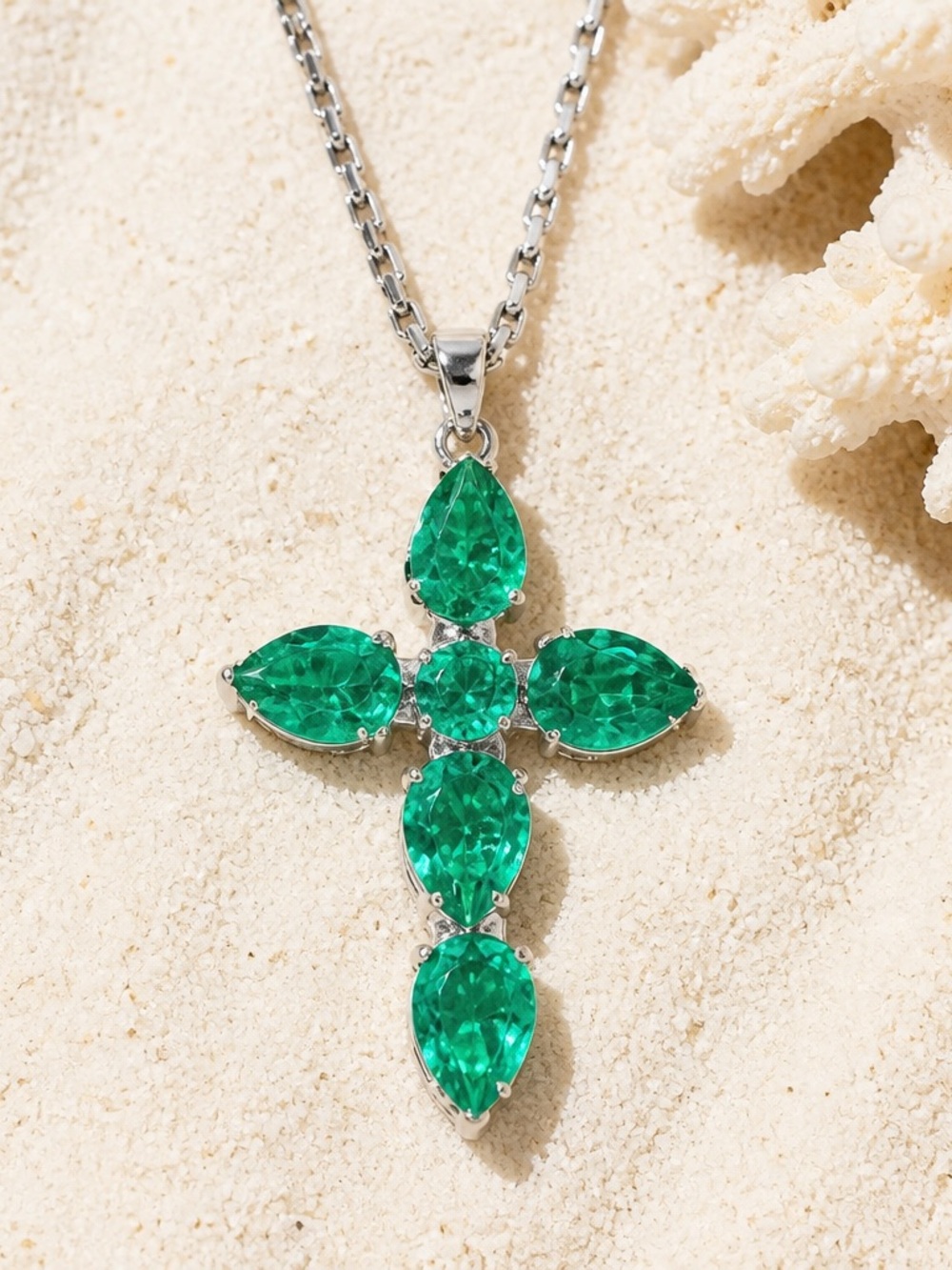 Sterling Silver Lab grown EmeraldCross Pendant with 22” Venetian chain (91)